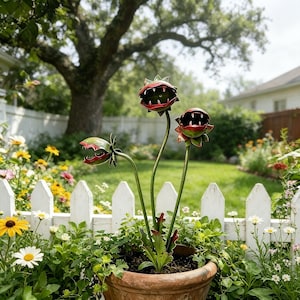 Può includere: Una scultura da giardino in metallo raffigurante tre piante carnivore stilizzate con bocche aperte e dentate. Le piante sono dipinte in tonalità di rosso e verde, ciascuna montata su un sottile stelo di metallo, il tutto in un vaso color terracotta.