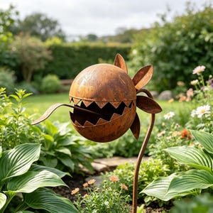 以下が含まれることがあります： 錆びた金属製のガーデンスカルプチャー。球状の植物の形をしており、開いた口の周りにはギザギザの歯のような縁があり、長い舌が突き出ています。背後には尖った葉のような花びらが数枚あり、細い茎で支えられています。