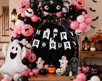 Roze Halloween-ballonslingerset, Ghost Spider-feestdecor