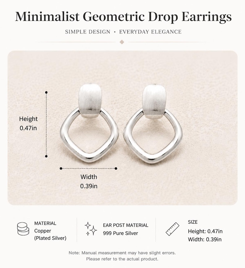 May include: A pair of silver-colored drop earrings featuring a smooth, rounded rectangular top piece connected to a diamond-shaped open frame. The earrings have a height of 0.47 inches and a width of 0.39 inches as indicated by the measurement labels.