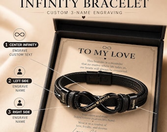 Personalized Infinity Bracelet for Men, Custom Name Engraved Leather Bracelet, Gift for Husband Boyfriend Dad Son