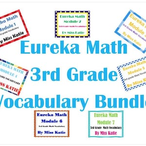May include: A digital educational resource titled Eureka Math 3rd Grade Vocabulary Bundle in large blue text, surrounded by seven individual rectangular cards labeled Module 1 through 7, each featuring the text By Miss Katie in various colors.