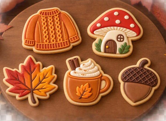 Autumn Cookie Cutter Set of 5 | Autumn Leaf Cookie Cutter, Acorn, Mushroom, Sweater & Mug | Fall Cookie Cutters | Thanksgiving Baking