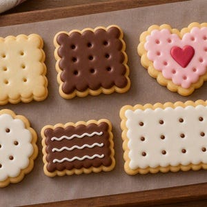 Op de afbeelding: Een assortiment van zes koekjes met geschulpte randen, waaronder een effen vierkant, een met chocolade bedekt vierkant, een hartvormig koekje met roze glazuur, een rond wit geglazuurd koekje, een kleine chocoladerechthoek en een grote witte rechthoek.