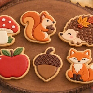 May include: Six decorated sugar cookies shaped like a red and white mushroom, an orange squirrel holding an acorn, a brown hedgehog with autumn leaves, a red apple with green leaves, a brown acorn, and an orange and white fox sitting down.