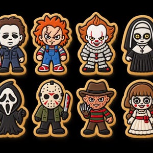 May include: A set of eight decorated cookies shaped like various horror movie characters, including figures with masks, knives, and distinct outfits, arranged in two rows against a black background, featuring detailed icing in multiple colors.