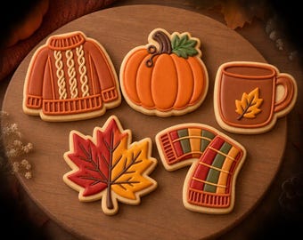 Set di 5 formine per biscotti autunnali | Formine a forma di foglia, ghianda, fungo, maglione e tazza | Formine per biscotti autunnali | Per il Giorno del Ringraziamento