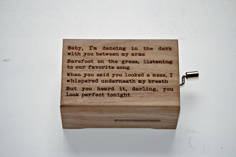 Engraved wooden music box with Lyrics of the song Perfect by Etsy