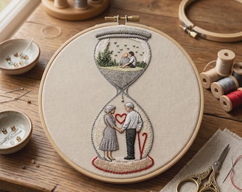 Couple Embroidery Kit, Romantic Hourglass Hoop Art, Love Anniversary Needlework, Beginner Gift