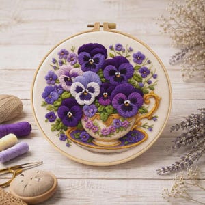 Floral Pansy Embroidery Kit – DIY Hand Stitching Set