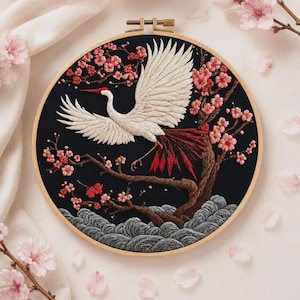 Crane Cherry Blossom Embroidery Kit, Japanese Bird DIY Needlework Craft (Beginner Friendly)