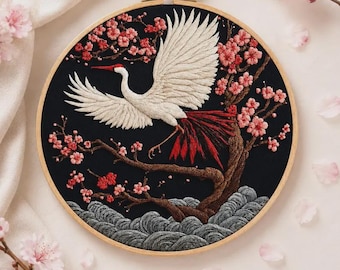 Crane Cherry Blossom Embroidery Kit, Japanese Bird DIY Needlework Craft (Beginner Friendly)
