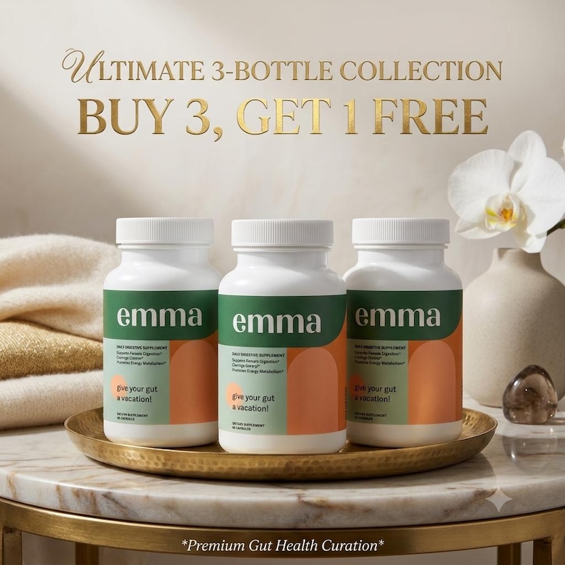 May include: Three white plastic bottles of Emma daily digestive supplement on a gold tray. Each bottle features a green and orange label with the text 'emma', 'daily digestive supplement', and 'give your gut a vacation!'. Text above reads 'ULTIMATE 3-BOTTLE COLLECTION BUY 3, GET 1 FREE'.