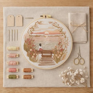 Embroidery Kit Sunset Lake Scene Pattern DIY