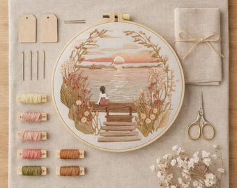 Embroidery Kit Sunset Lake Scene Pattern DIY