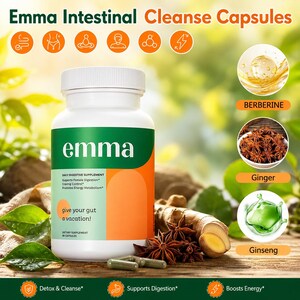 May include: A white plastic bottle of Emma Intestinal Cleanse Capsules with a green and orange label. The label features the text Emma, Daily Digestive Supplement, and give your gut a vacation. Includes images of berberine, ginger, and ginseng.