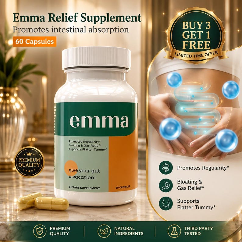 May include: A white plastic bottle of Emma Relief Supplement with a green and orange label containing 60 capsules. The label text reads Emma Relief Supplement, Promotes intestinal absorption, Promotes Regularity, Bloating & Gas Relief, Supports Flatter Tummy, and give your gut a vacation. Two yellow capsules sit in front.
