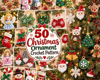 May include: A collection of 50 crochet Christmas ornament patterns featuring various designs including gingerbread people, snowmen, reindeer, angels, stars, wreaths, mittens, stockings, bells, owls, and snowflakes displayed on a tree.