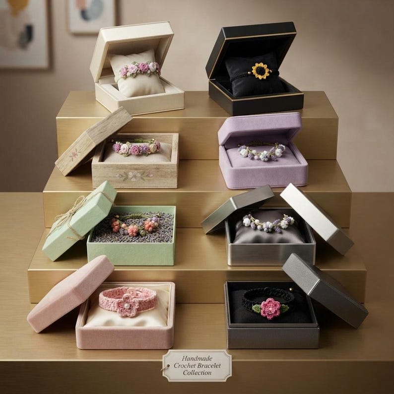 A display of tiered gold boxes holding various handmade crochet bracelets in individual open boxes.