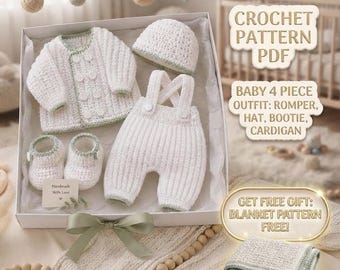 Puede incluir: Un conjunto de cuatro piezas de ganchillo para bebé en color blanco y verde salvia, que incluye una chaqueta de manga larga con botones, un peto con tirantes, un gorro y dos patucos, presentados en una caja con un patrón en PDF.