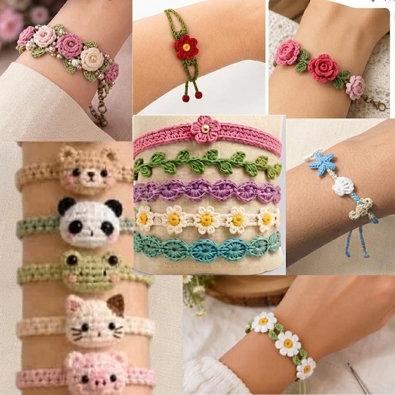 A collage of wrist shots displaying different handmade crochet bracelets with flower and animal motifs.