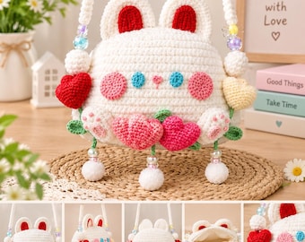 Puede incluir: Un bolso bandolera de ganchillo blanco con forma de conejo, orejas interiores rojas, ojos azules, mejillas rosas y una pequeña nariz rosa. El bolso presenta corazones rojos y rosas, detalles de hojas verdes y pompones blancos colgantes.