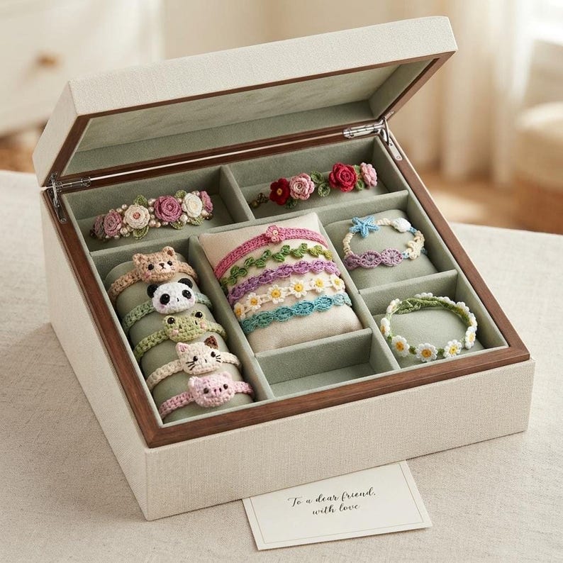 An open cream-colored jewelry box containing multiple compartments filled with assorted handmade crochet bracelets including floral and animal designs.