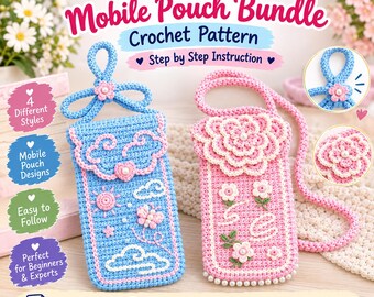 Puede incluir: Un patrón de ganchillo digital para un paquete de 4 estilos diferentes de fundas para móviles con instrucciones paso a paso. La imagen muestra dos fundas terminadas: una azul claro con motivos de nubes y sol, y una rosa con adornos florales.