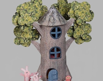 Plantilla imprimible para casa de árbol de hadas, PDF de manualidades en papel con modelo 3D.