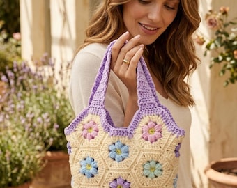 Patrón de bolso de flores a crochet en PDF, bolso cuadrado hexagonal estilo abuela, bolso de crochet floral, patrón de bolso boho, descarga digital