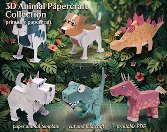 Plantillas imprimibles en PDF de animales de papel / Plantillas de dinosaurios 3D para manualidades / Animales de papel para recortar y armar / Manualidades para niños / Actividad preescolar