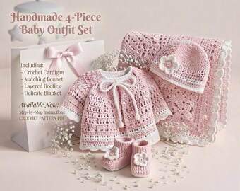 Puede incluir: Un conjunto de bebé de 4 piezas hecho a mano que incluye una chaqueta de ganchillo rosa claro con ribete y lazo blanco, un gorro a juego con una flor blanca, un par de patucos superpuestos con flores blancas y una delicada manta de ganchillo rosa y blanca.