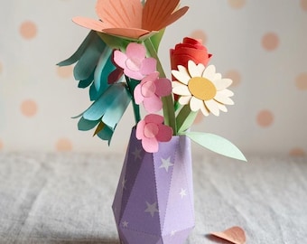 Ramo de flores de papel, PDF imprimible con plantilla de jarrón 3D