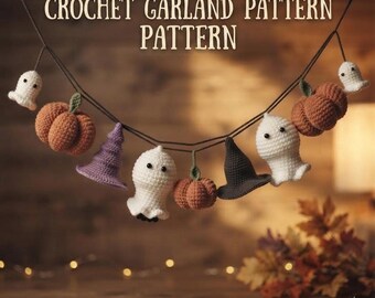 Patrón de guirnalda de otoño a crochet en PDF, diseño de calabaza, fantasma y sombrero de bruja.