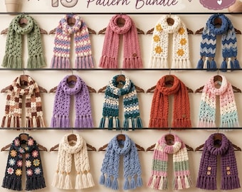 Puede incluir: Una pantalla digital que muestra 15 patrones de bufandas de ganchillo dispuestos en tres filas sobre perchas. El texto dice 15 CROCHET SCARF Pattern Bundle, 15 Unique Scarf Designs, Instant Download, Step-by-Step Instructions, Beginner Friendly y Stylish & Cozy Designs.