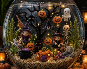 Puede incluir: Un terrario de pecera de cristal que contiene decoraciones de Halloween de ganchillo, incluyendo un árbol negro, dos muñecas con sombreros de bruja, un gato negro, un caldero, calabazas, un fantasma, una calavera y una araña, iluminados por luces.