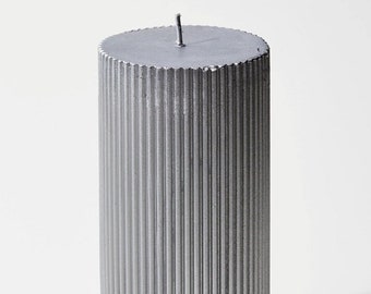 Ribbed Metallic Silver/Grey Pillar Candle 3 x 6 inch