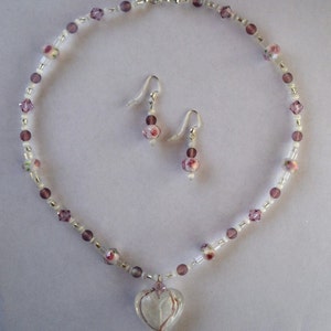 Necklace and Earrring Jewerly Set- Lavender Heart with Pink and Purple Accents
