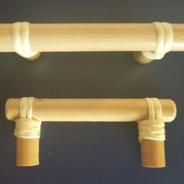 Bamboo/Rattan Door Handles Cabinet Drawer Pulls Set of 2 Raw Shaved Bamboo Wood