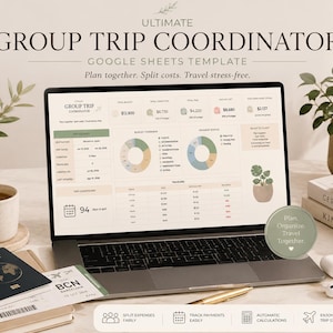 Może przedstawiać: Ekran laptopa z szablonem Google Sheets Ultimate Group Trip Coordinator. Interfejs zawiera podsumowania budżetu, wykresy kołowe, tabele wydatków podróżnych oraz licznik czasu do wyjazdu. Tekst: Plan together. Split costs. Travel stress-free.