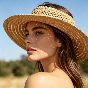Puede incluir: Una visera de paja de color tostado con un ala ancha y circular y una corona tejida en estilo de celosía. El material tiene una textura natural de color marrón claro con un patrón de tejido abierto consistente en toda la estructura del accesorio.