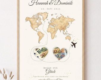 Geldgeschenk Hochzeit Reise personalisiert | Weltkarte Poster mit Herz Geldfenster | Flitterwochen Brautpaar Geschenk | A4 A3 Download