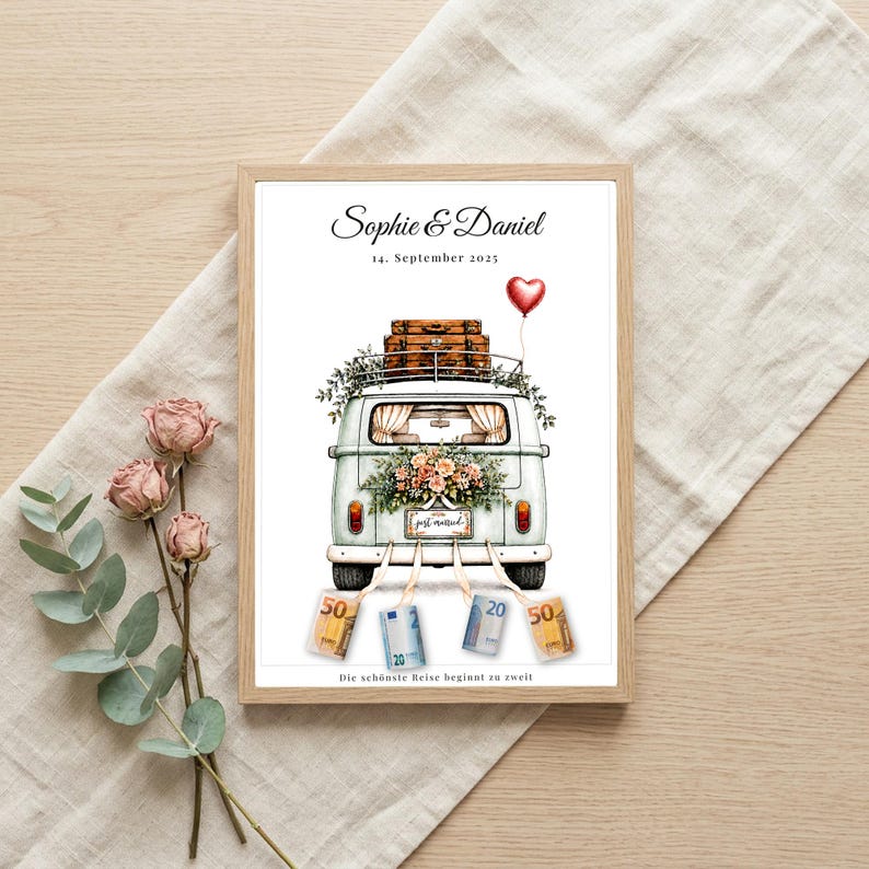 Geldgeschenk Hochzeit personalisiert | VW Bulli Camper Poster | Geldgeschenk Brautpaar | Digitaler Download A4 A3 image 4