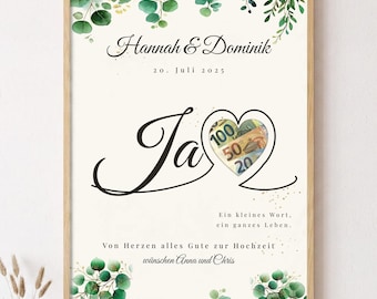 Geldgeschenk Hochzeit personalisiert | Ja Poster mit Herz Geldfenster | DIY Hochzeitsgeschenk Brautpaar | Namen & Datum | A4 A3 Digital