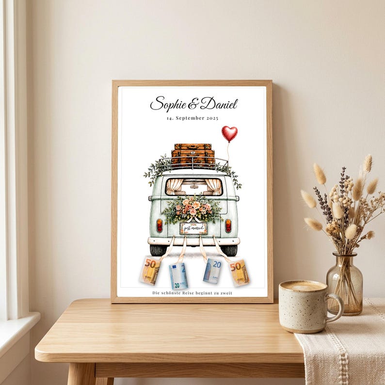 Geldgeschenk Hochzeit personalisiert | VW Bulli Camper Poster | Geldgeschenk Brautpaar | Digitaler Download A4 A3 image 3