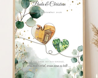 Geldgeschenk Hochzeit Herzen zum Ausschneiden | Eukalyptus Poster personalisiert | Brautpaar Geschenk | Digitaler Download A4 A3