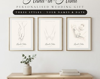Personalized Line Art Couple Hands Print, Custom Names Date, Minimalist Wedding Gift (Digital Download)
