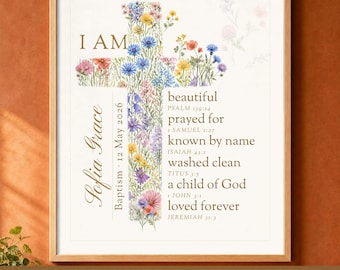 Personalized Baptism Gift Girl, Floral Cross Print with Name, Christening First Communion Confirmation Keepsake, Bible Verse Art