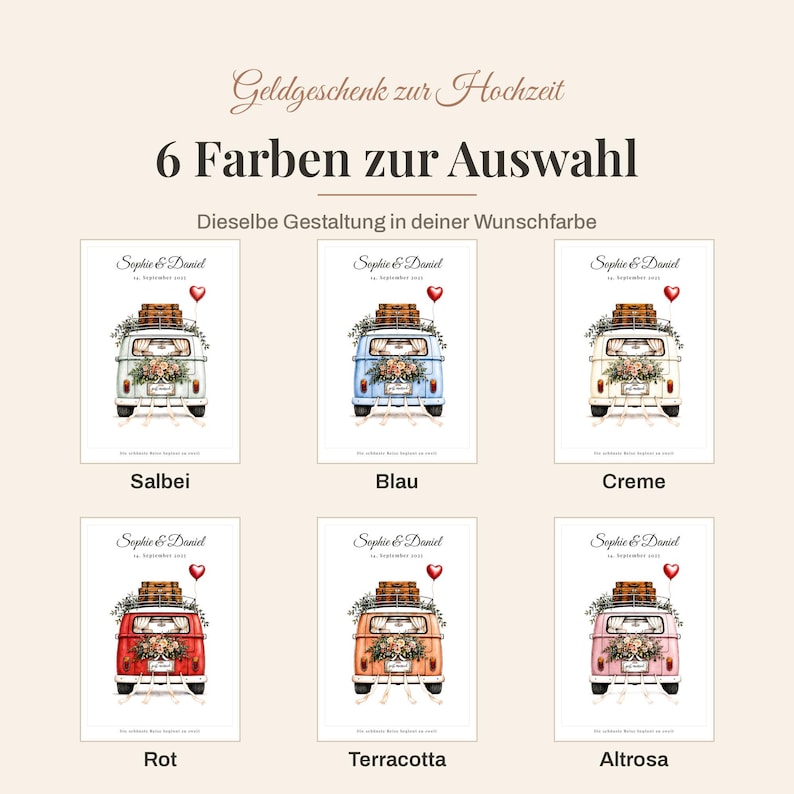 Geldgeschenk Hochzeit personalisiert | VW Bulli Camper Poster | Geldgeschenk Brautpaar | Digitaler Download A4 A3 image 5