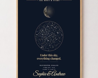 Custom Star Map Print, Personalized Night Sky, Moon Phase, Anniversary Keepsake (Digital File)